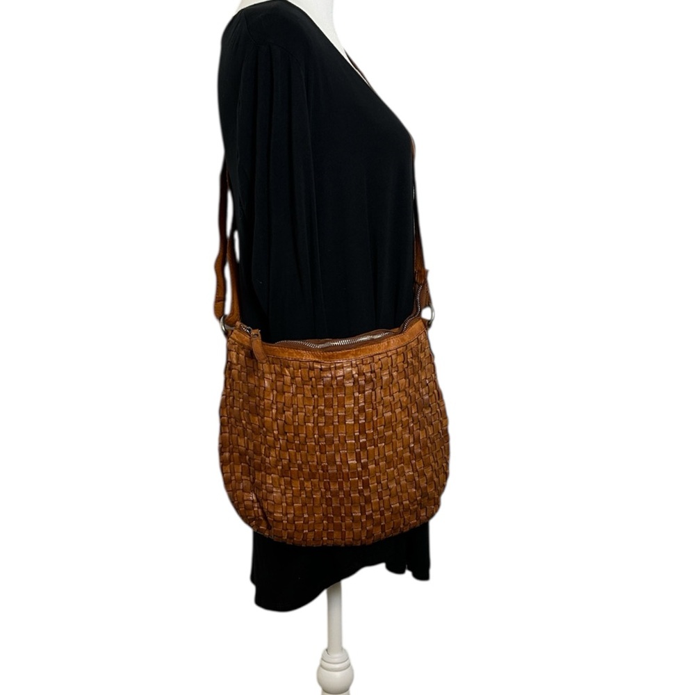 Vilenca Holland Leather Cognac Woven Boho Crossbody Shoulder Bag